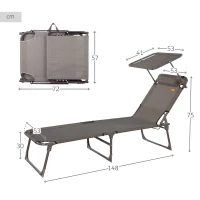 Tumbona Plegable de Playa con Parasol y Cojín Acolchado, 193x53x30 Cm, Gris(m-4)