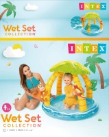 Piscina Hinchable Infantil Isla Tropical con Toldo, Suelo Acolchado y 3 Animales, 102x102x86 Cm, Multicolor(m-10)