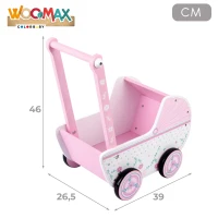 Carrito de Muñecas de Madera WOOMAX, Apto para Muñecas 30-40 Cm, 26x7x42 Cm, Blanco y Rosa(m-4)