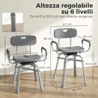 HOMCOM Sedia per Doccia Girevole ad Altezza Regolabile con Braccioli, Schienale, Capacità 150 kg, Grigio(m-3)
