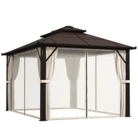 Outsunny 3 x 4m Hardtop Gazebo Canopy with UPF30+ Double Polycarbonate Roof, Aluminium Frame Garden Gazebo Permanent Pavilion with Mosquito Netting and Curtains for Patio, Deck, Beige(m-1)
