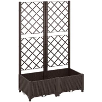 Outsunny Raised Garden Bed with Trellis, Plastic Planter Box with Drainage Holes, Drain Plugs and Water Reservoirs for Climbing Plants, Vegetables, Flowers, Brown(m-1)