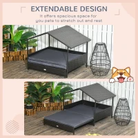 PawHut Extendable Elevated Dog Bed, Rattan Dog House w/ Water-Resistant Roof, Removable Cushion - Grey(m-4)
