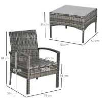 Outsunny 3 Pieces Rattan Bistro Set, Wicker Garden Furniture Set with Glass Top Coffee Table and Chairs, Washable Cushions for Outdoor, Patio, Balcony, Mixed Grey(m-3)
