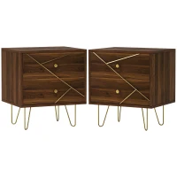 HOMCOM Bedside Tables Set of 2, Modern Side Table Set with 2 Drawers and Steel Hairpin Legs, Nightstand for Bedroom, Brown Wood Grain(m-10)