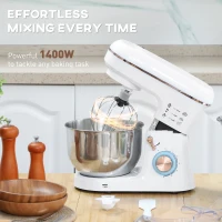 HOMCOM Stand Mixer, 5L Food Mixer for Baking, 6 Speeds and Pulse Setting, 1400W Cake Electric Kitchen Mixer with Dough Hook, Whisk, Stainless Steel Bowl, Splash Guard, Beater, White(m-4)