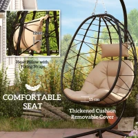 Outsunny Hanging Egg Chair Outdoor Indoor Garden Swing Chair with Folding Basket, Thickened Cushion, Garden Hanging Chair with Stand, Headrest for Patio, Balcony, Khaki(m-4)