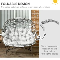 Outsunny 2 Seater Egg Chair Outdoor, Folding Weave Garden Furniture Chair with Cushion, Cup Pockets - Light Grey(m-6)