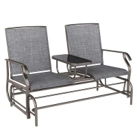 Outsunny 2 Seats Garden Glider Bench, Metal Frame Loveseat with Glass Top  Centre Table, Porch Rocking Glider for 2 Person, for Deck, Patio, Brown/ Grey(m-1)