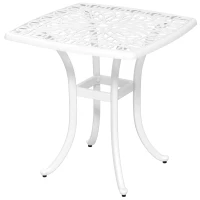 Outsunny Cast Aluminium Bistro Table, Outdoor Square Side Table with Umbrella Hole, Garden Table for Balcony, White(m-1)