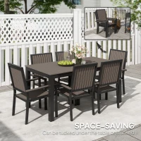 Outsunny 6 Seater Garden Dining Set with Stackable Chairs, Aluminium Frame, Rectangular Plastic Top, Garden Furniture Set, Outdoor Dining Table and Chairs for Patio, Balcony, Poolside, Brown(m-5)
