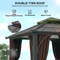 Outsunny 3 x 3(m) Hardtop Gazebo Canopy with 7mm Polycarbonate Double-Tier Roof, Garden Gazebo Permanent Pavilion with Mosquito Netting and Curtains for Patio, Terrace, Brown(m-4)
