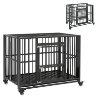 PawHut 43" Heavy Duty Dog Crate, Foldable Dog Cage, with Openable Top, Locks, Removable Tray, Wheels - Black(m-1)