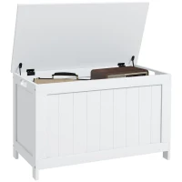 HOMCOM Storage Chest, Modern Storage Trunk with 2 Safety Hinges and Cut-out Handles, Wooden Toy Box for Living Room, Entryway, 76 x 40 x 48 cm, White(m-10)