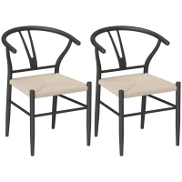 HOMCOM Set of Two Weave Dining Chairs with Y-Shaped Backrest Hemp Seat - Black/Beige(m-10)
