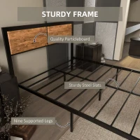 HOMCOM Industrial Double Bed Frame, 5FT Steel Bed Base with Headboard, Footboard, Slatted Support and Under Bed Storage, 142 x 195cm, Rustic Brown(m-6)