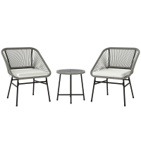 Outsunny 3-teiliges Outdoor-Möbelset, 1 Tisch, 2 Stühle, Rattan-Geflecht, Stahlrahmen, Kaffeetisch mit Glasplatte, Dunkelgrau