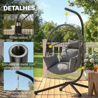 Outsunny Cadeira Suspensa com Suporte Cadeira Baloiço de Exterior com Cesta Dobrável Almofada e Apoio para a Cabeça 120x106x188 cm  Cinza(m-7)