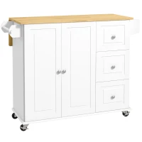 HOMCOM Kitchen Island with Drop Leaf, Rolling Kitchen Storage Trolley on Wheels with 3 Drawers, Spice Rack and Towel Rack, Storage Cart with Rubber Wood Top, White(m-1)