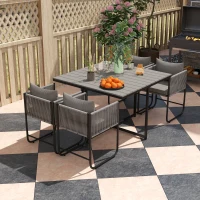 Outsunny 4 Seater Rattan Cube Garden Furniture Set, Rattan Dining Set with Cushions, Outdoor Dining Table and Chairs with Rectangular Wood Grain Plastic Top Table for Patio, Balcony, Grey(m-8)