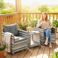 Outsunny Rattan Bistro Set, 3 Piece Garden Furniture Set with 2 Tier Glass Top Table and Cushions, Mixed Grey(m-2)
