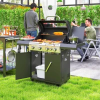 Outsunny 4+1 Burner Gas BBQ Grill with Clear View Lid, Portable Gas Barbecue Grill with Built-in Thermometer, Side Table, Cabinet, Wheels, Grease Tray for Garden Party Outdoor Cooking, Black(m-2)