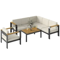 Outsunny 3 Pieces Garden Furniture Set with L-Shaped Sofa, Armchair and Coffee Table, Aluminium Garden Corner Sofa Set(m-10)