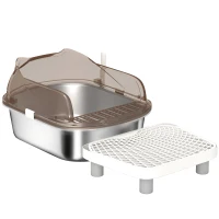 PawHut Stainless Steel Litter Box with Lid, High Wall Sided Enclosure, Pedal, Scoop, Non-Sticky, Anti-Leakage, Easy Cleaning(m-1)