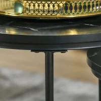 HOMCOM Set 2 măsuțe de cafea cu blat cu efect de marmură, din lemn și oțel, Ø50x50.5 cm și 60x36x43.5 cm, negru(m-10)