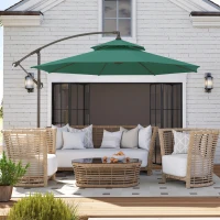 Outsunny 2.7m Garden Banana Parasol Cantilever Umbrella with Crank Handle, Double Tier Canopy and Cross Base for Outdoor, Hanging Sun Shade, Green(m-8)