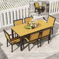 Outsunny 6 Seater Garden Dining Set with Stackable Chairs, Aluminium Frame, Rectangular Plastic Top, Garden Furniture Set, Outdoor Dining Table and Chairs for Patio, Balcony, Poolside, Nature Wood(m-5)
