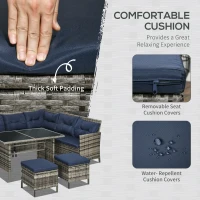 Outsunny 7-Seater Patio wicker Sofa Set Rattan Chair Furniture w/ Glass & Cushioned, Dark Blue(m-5)