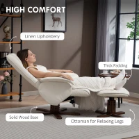 HOMCOM Linen Swivel Recliner Chair with Footstool, Upholstered Reclining Armchair with Wooden Base for Living Room, Beige(m-6)