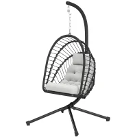 Outsunny Outdoor PE Rattan Swing Chair with Foldable Basket and Cushion, Garden Patio Hanging Egg Chair with Metal Stand, Headrest for Indoor and Outdoor, Black(m-11)