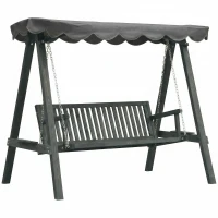 Outsunny 3 Seater Garden Swing Seat with Canopy, Wooden Swing Chair, Outdoor Hammock Bench for Balcony Patio Porch, Grey(m-1)