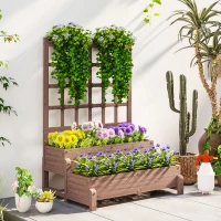 Outsunny 2-Tier Raised Garden Bed with Trellis, Wooden Elevated Planter Box with Drainage Holes, Outdoor Raised Planter for Climbing Plants, Fruits, Vegetables, Flowers, Brown(m-2)