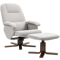 HOMCOM Linen Swivel Recliner Chair with Footstool, Upholstered Reclining Armchair with Wooden Base for Living Room, Light Grey(m-10)