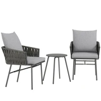 Outsunny 3-Piece Rattan Bistro Set, Garden Table and Chairs with 4 Cushions, Patio Rattan Conversation Furniture Set for Balcony, Porch, Terrace, Grey(m-11)