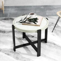 Outsunny Round Small Garden Table, 60cm Outdoor Side Table with Faux Marble Tempered Glass Top, Aluminium Frame for Garden, Patio, Balcony, Light Grey(m-2)