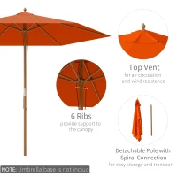 Outsunny 2.5m Wood Garden Parasol Sun Shade Patio Outdoor Wooden Umbrella Canopy, Table Market Umbrella with Vent, 38mm Pole, Rope Pulley Mechanism, Orange(m-4)