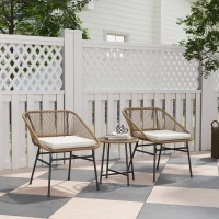 Outsunny 3 Pieces Rattan Bistro Set, Wicker Small Garden Table and Chairs Set with Cushions and Glass Top Coffee Table, Bistro Garden Furniture Set for Outdoor, Patio, Balcony, Natural(m-2)