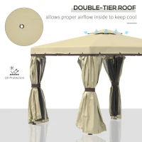Outsunny 3 x 3(m) Patio Gazebo Canopy Garden Pavilion Tent Shelter with 2 Tier Water Repellent Roof, Mosquito Netting and Curtains, Aluminium Frame, Beige(m-4)