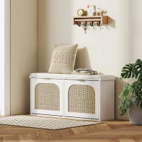 HOMCOM Boho Shoe Bench with Padded Seat and 2 Flip-Drawers - White(m-8)