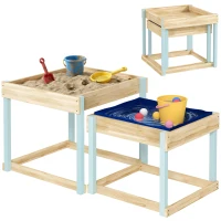 AIYAPLAY 2 PCS Wooden Outdoor Sand and Water Play Tables with Bottom Liner for Kids Aged 3-8 Years Old, Natural Wood Finish(m-10)