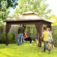 Outsunny 3 x 3(m) Pop Up Gazebo with Mosquito Netting, 1 Person Easy up Marquee Party Tent with 1-Button Push, Double Roof, Carry Bag, Sandbags, Height Adjustable Instant Shelter, Khaki(m-2)