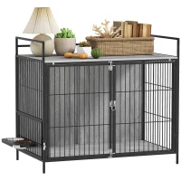 PawHut Large Dog Crate Furniture with Rotating Bowl Holder, 2 Bowls, 2 Doors, for Large Dogs, 100 x 60 x 88 cm, Grey(m-10)