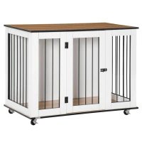 PawHut Dog Crate Furniture, Dog Cage End Table, with Wheels, for Large Dogs, 106 x 60 x 82 cm  - White(m-10)