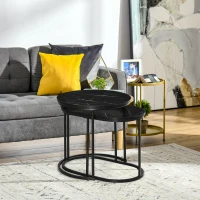 HOMCOM Set 2 măsuțe de cafea cu blat cu efect de marmură, din lemn și oțel, Ø50x50.5 cm și 60x36x43.5 cm, negru(m-12)