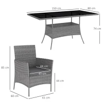Outsunny 7-Piece Rattan Garden Furniture Set with Cushions, 6 Seater Garden Table and Chairs, Rattan Dining Set with 6 Armchairs, Rectangular Glass Top Table, Charcoal Grey(m-3)