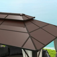 Outsunny 3 x 4m Hardtop Gazebo Canopy with UPF30+ Double Polycarbonate Roof, Aluminium Frame Garden Gazebo Permanent Pavilion with Mosquito Netting and Curtains for Patio, Deck, Beige(m-8)